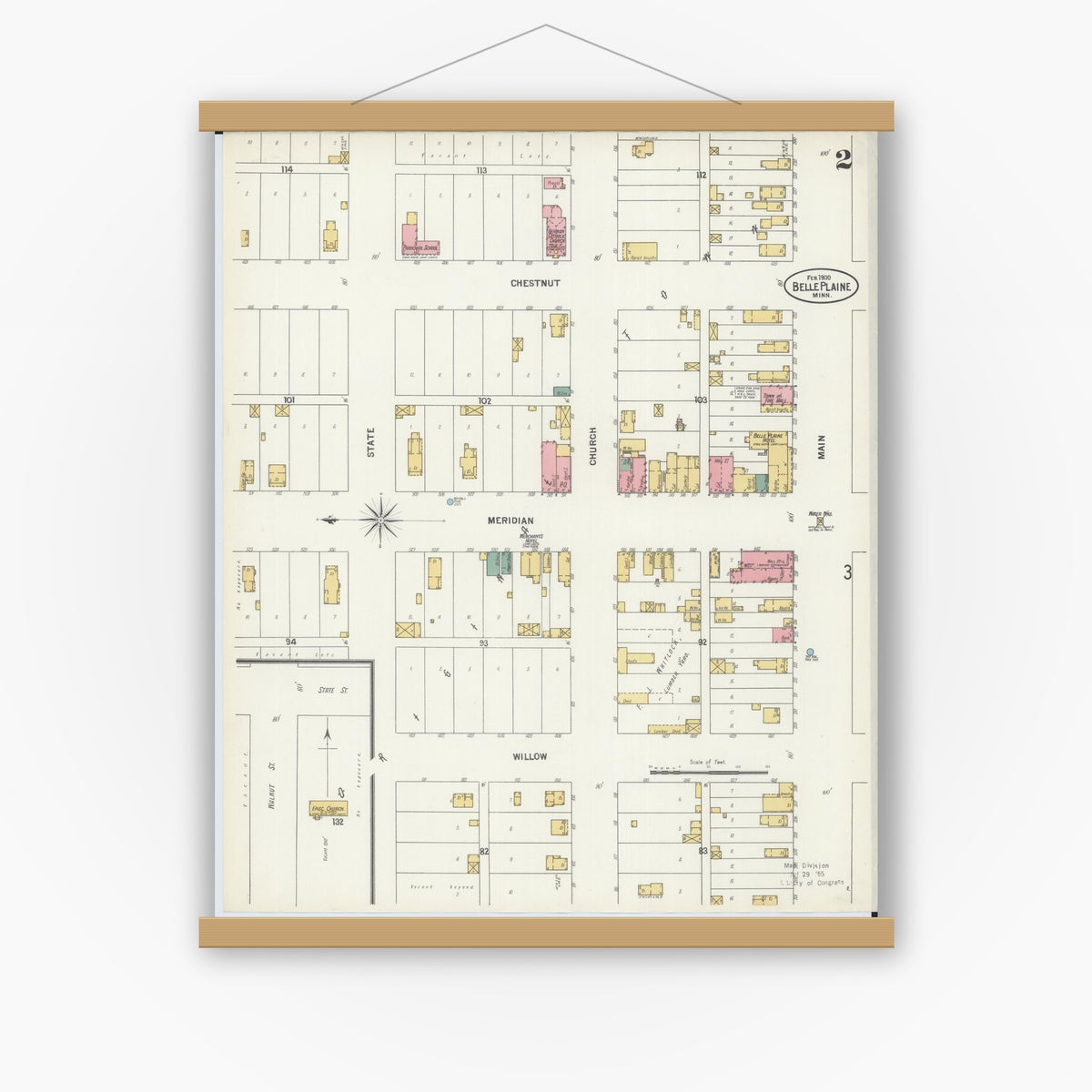 Old map wall art mockup — magnetic wood frame on white wall — Sanborn Fire Insurance Map from Belle Plaine, Scott County, Minnesota (1900), Sheet #0002