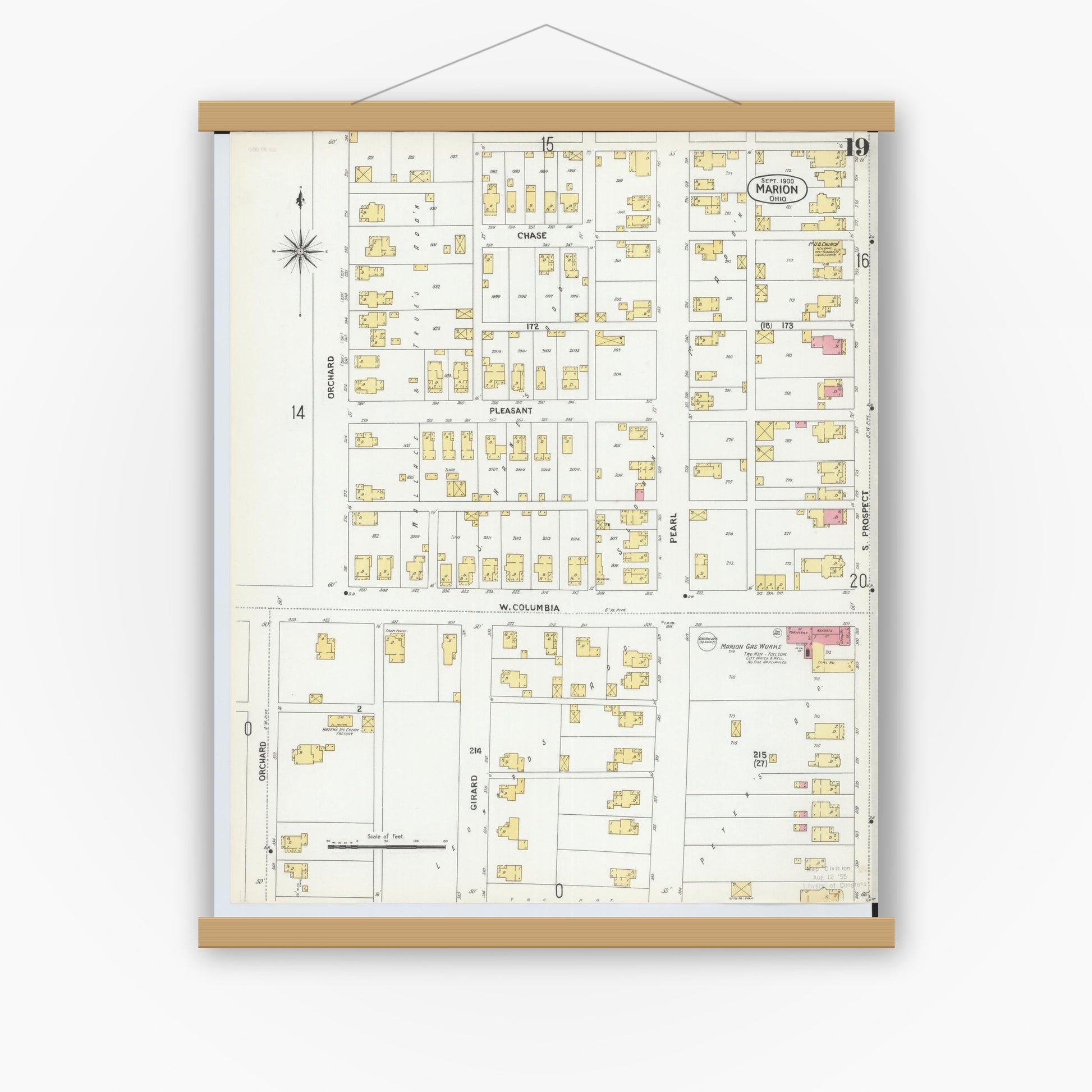 Old map wall art mockup — magnetic wood frame on white wall — Sanborn Fire Insurance Map from Marion, Marion County, Ohio (1900), Sheet #0019