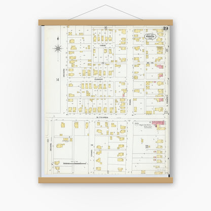 Old map wall art mockup — magnetic wood frame on white wall — Sanborn Fire Insurance Map from Marion, Marion County, Ohio (1900), Sheet #0019