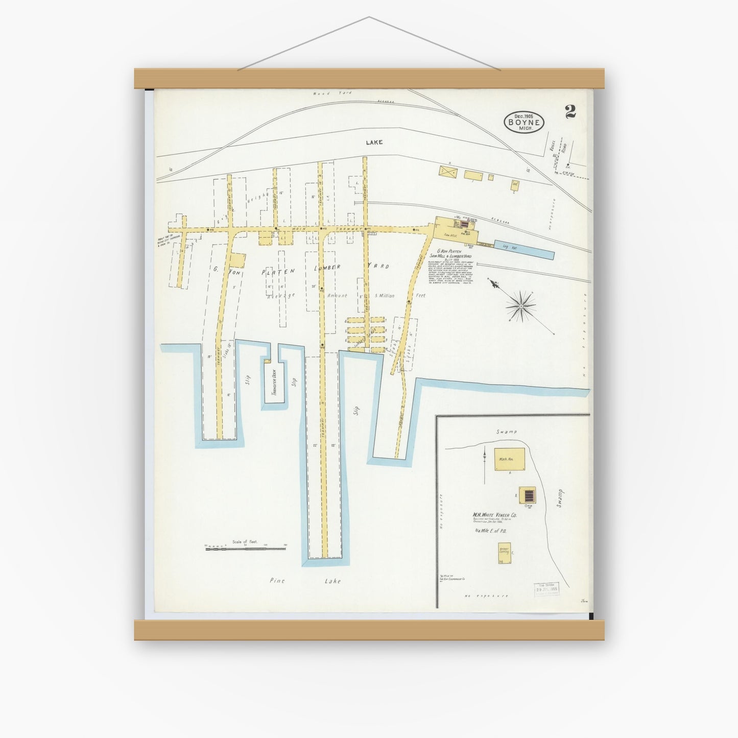 Old map wall art mockup — magnetic wood frame on white wall — Sanborn Fire Insurance Map from Boyne City, Charlevoix County, Michigan (1905), Sheet #0002