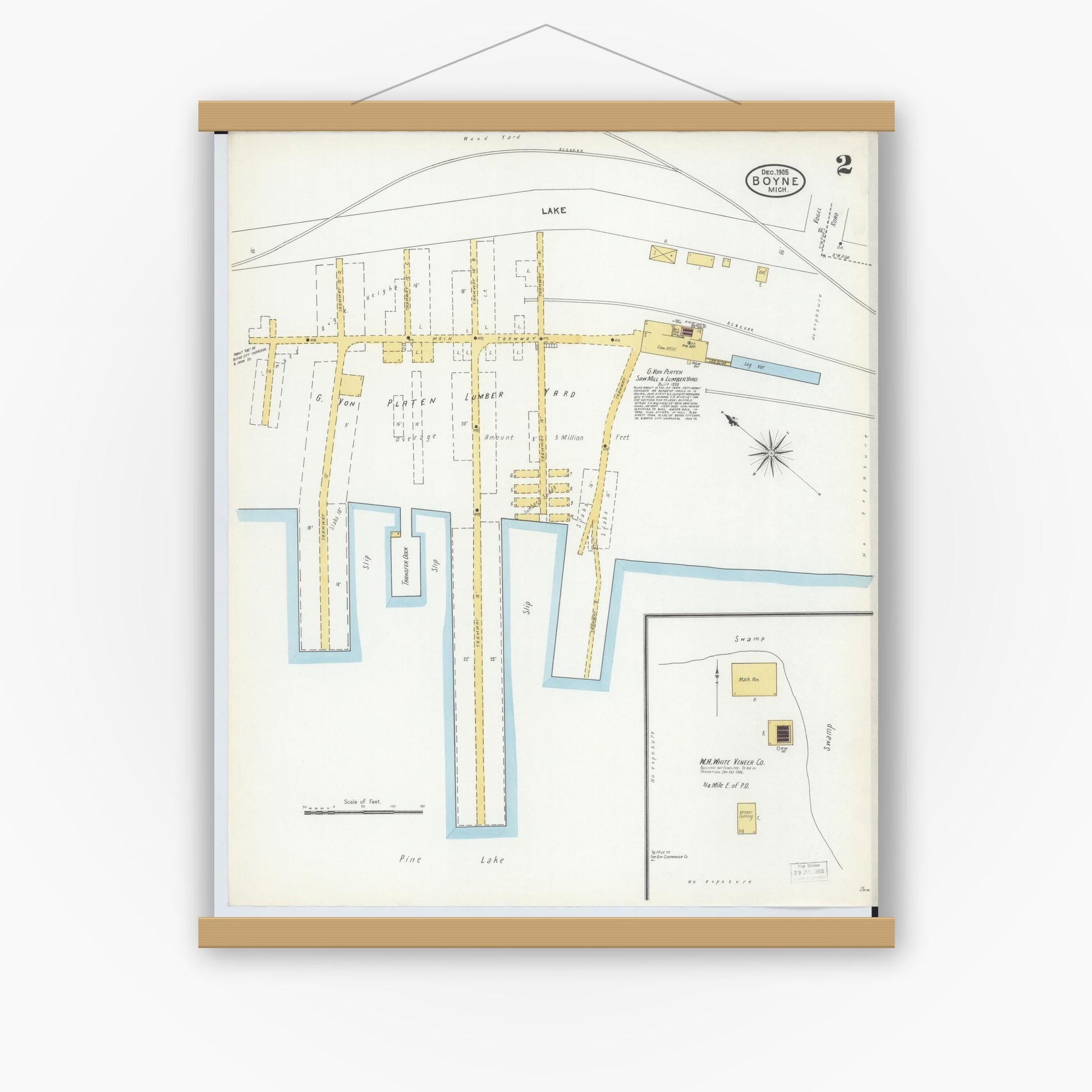 Old map wall art mockup — magnetic wood frame on white wall — Sanborn Fire Insurance Map from Boyne City, Charlevoix County, Michigan (1905), Sheet #0002