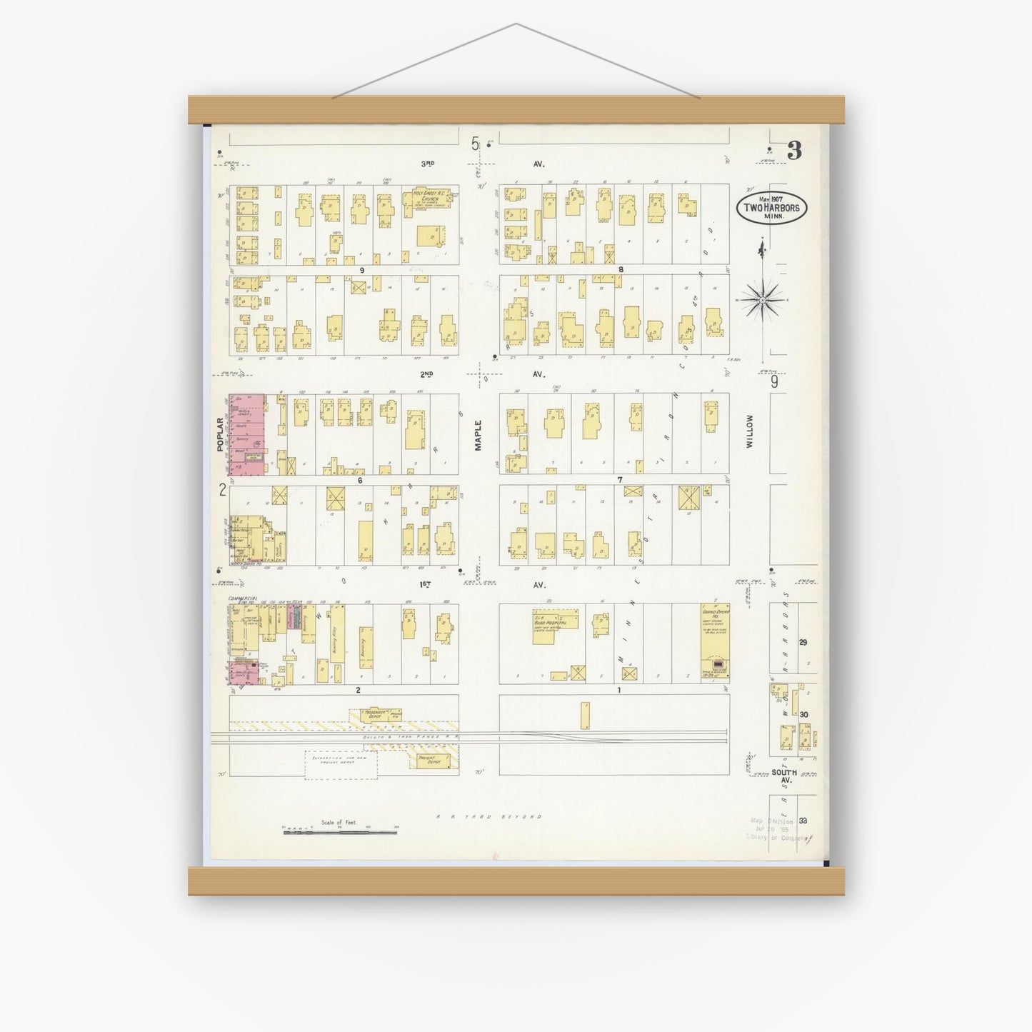 Old map wall art mockup — magnetic wood frame on white wall — Sanborn Fire Insurance Map from Two Harbors, Lake County, Minnesota (1907), Sheet #0003