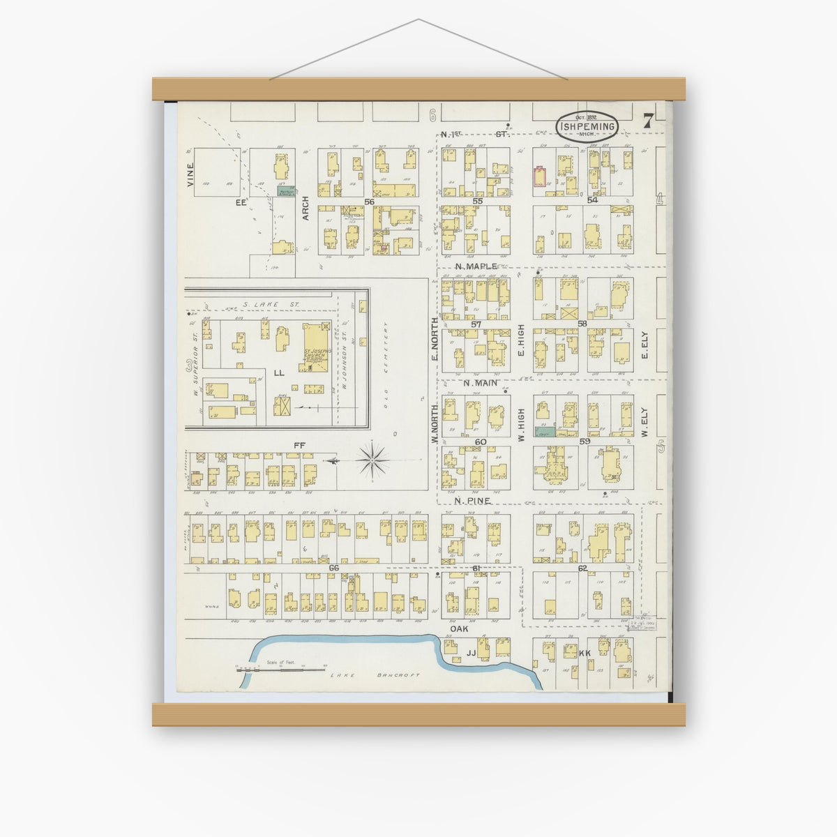 Old map wall art mockup — magnetic wood frame on white wall — Sanborn Fire Insurance Map from Ishpeming, Marquette County, Michigan (1892), Sheet #0007