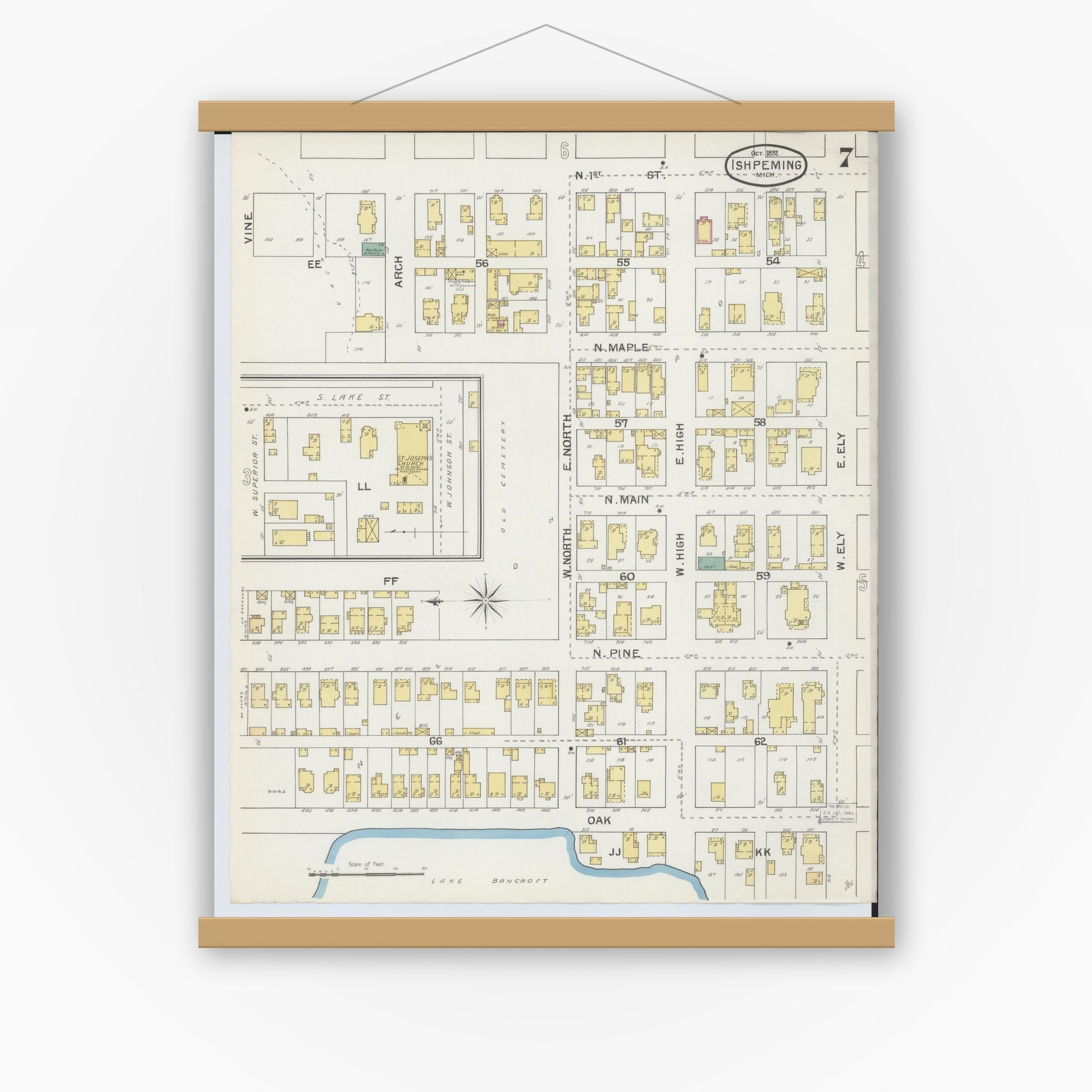 Old map wall art mockup — magnetic wood frame on white wall — Sanborn Fire Insurance Map from Ishpeming, Marquette County, Michigan (1892), Sheet #0007