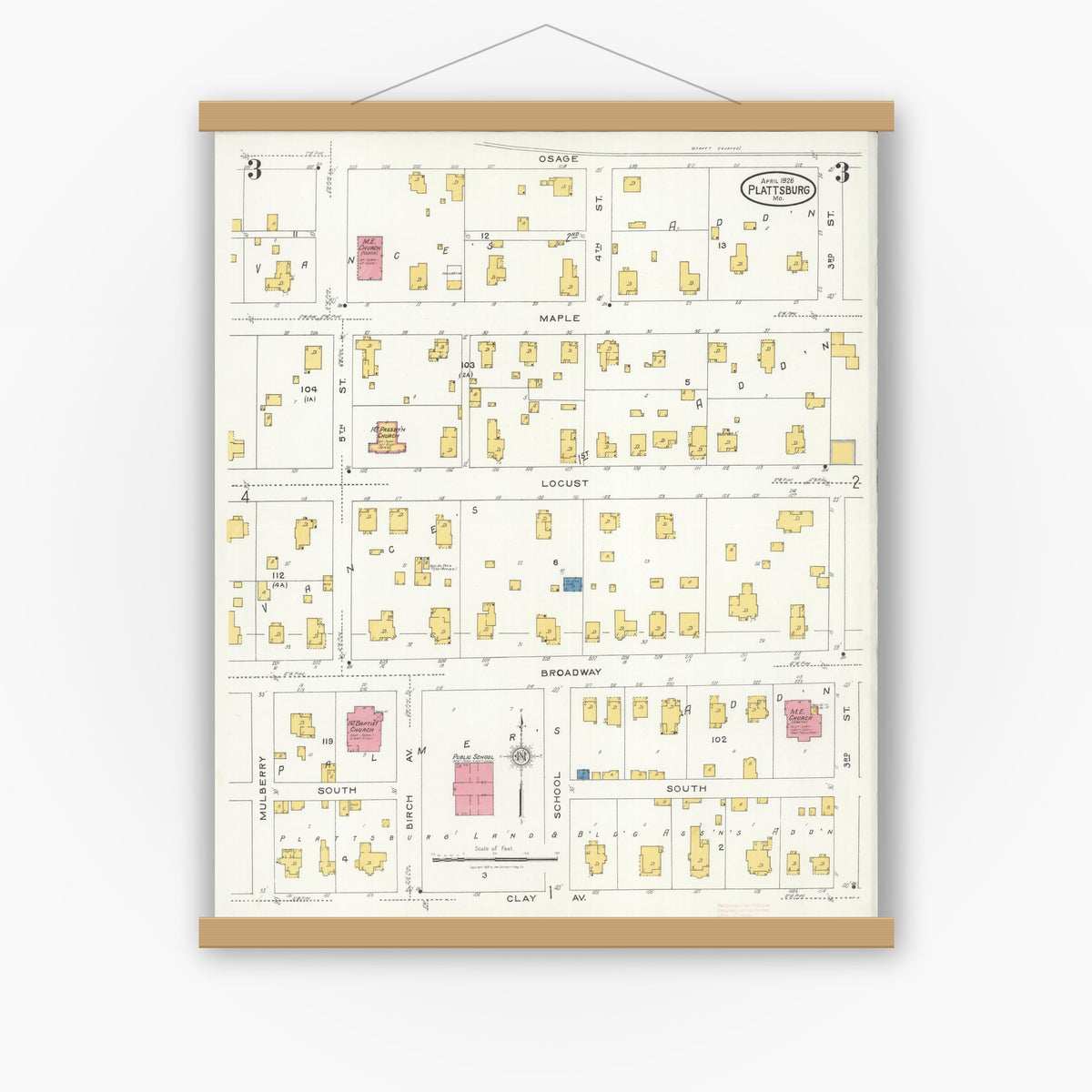 Old map wall art mockup — magnetic wood frame on white wall — Sanborn Fire Insurance Map from Plattsburg, Clinton County, Missouri (1926), Sheet #0003