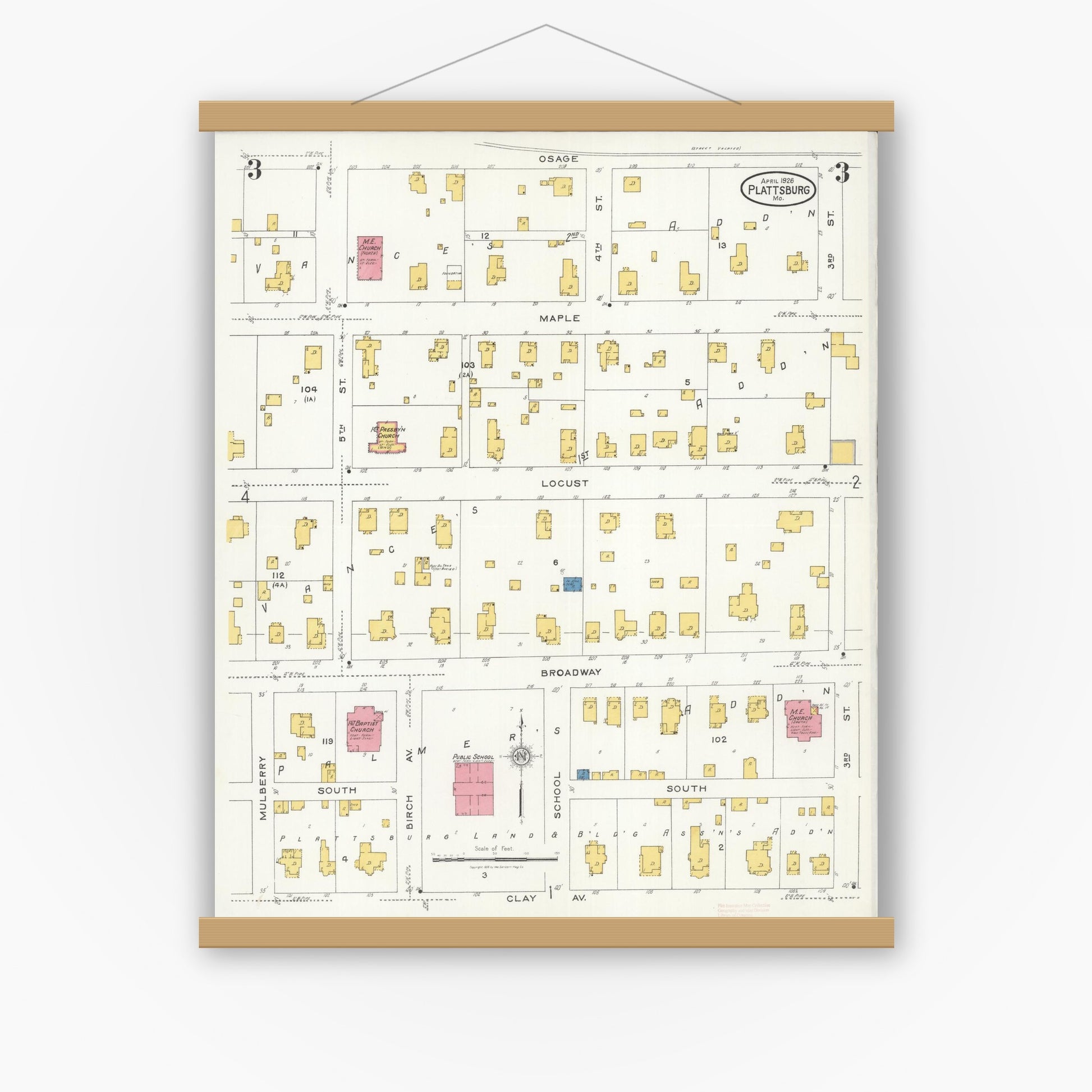 Old map wall art mockup — magnetic wood frame on white wall — Sanborn Fire Insurance Map from Plattsburg, Clinton County, Missouri (1926), Sheet #0003
