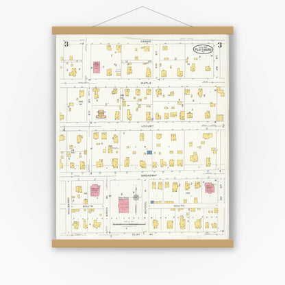Old map wall art mockup — magnetic wood frame on white wall — Sanborn Fire Insurance Map from Plattsburg, Clinton County, Missouri (1926), Sheet #0003
