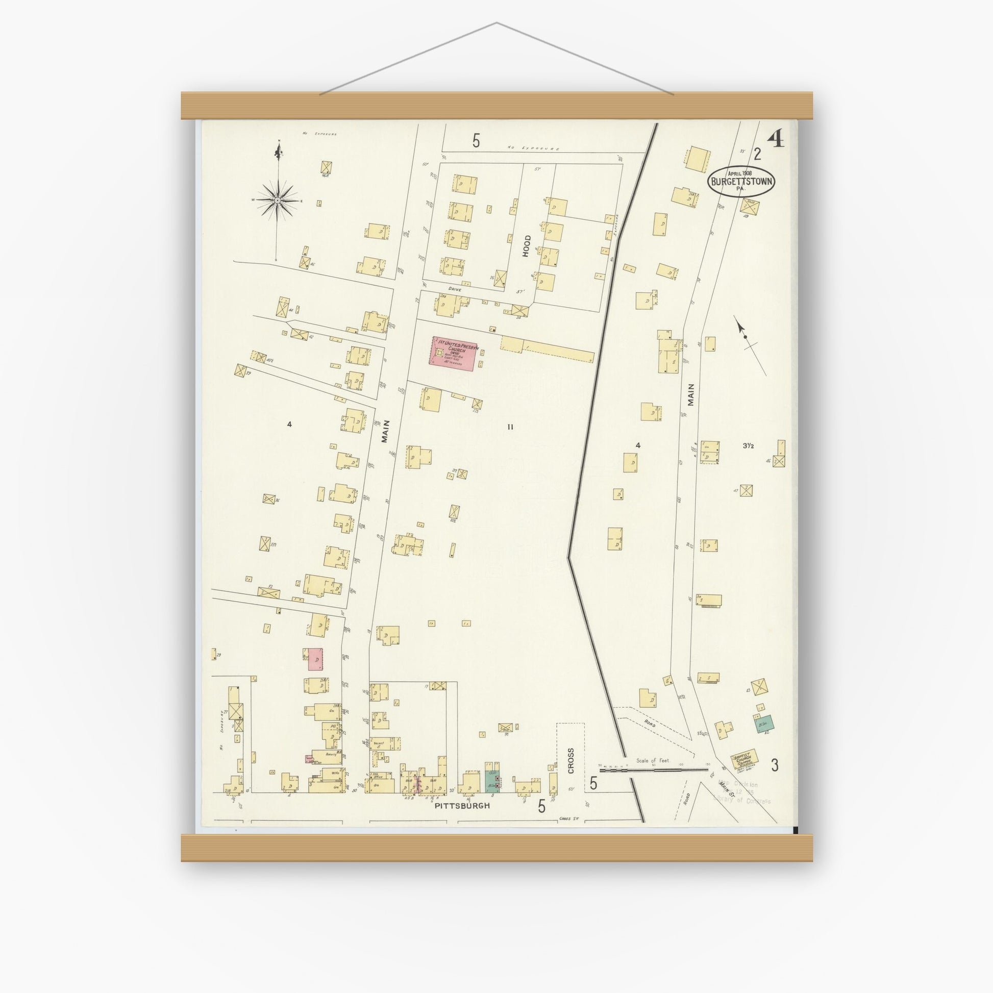 Old map wall art mockup — magnetic wood frame on white wall — Sanborn Fire Insurance Map from Burgettstown, Washington County, Pennsylvania (1908), Sheet #0004