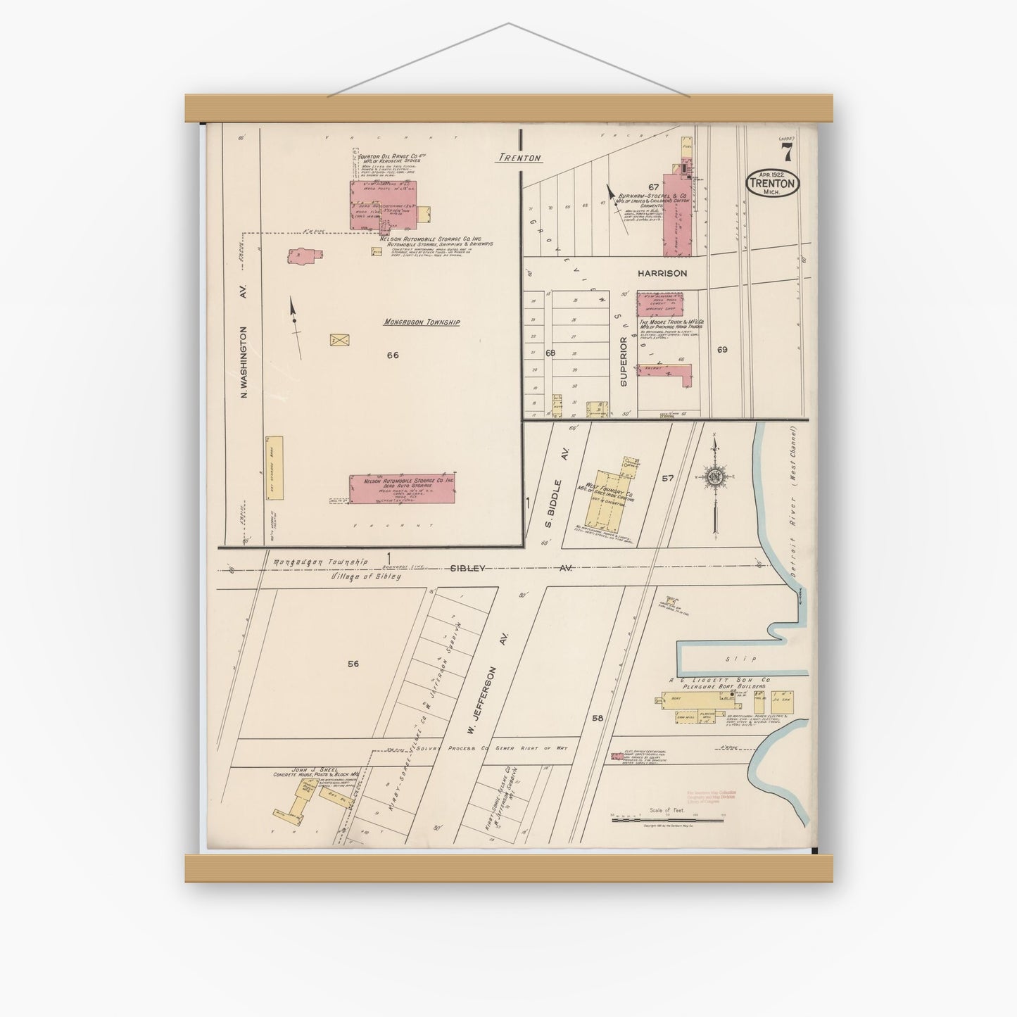 Old map wall art mockup — magnetic wood frame on white wall — Sanborn Fire Insurance Map from Trenton, Wayne County, Michigan (1922), Sheet #0007