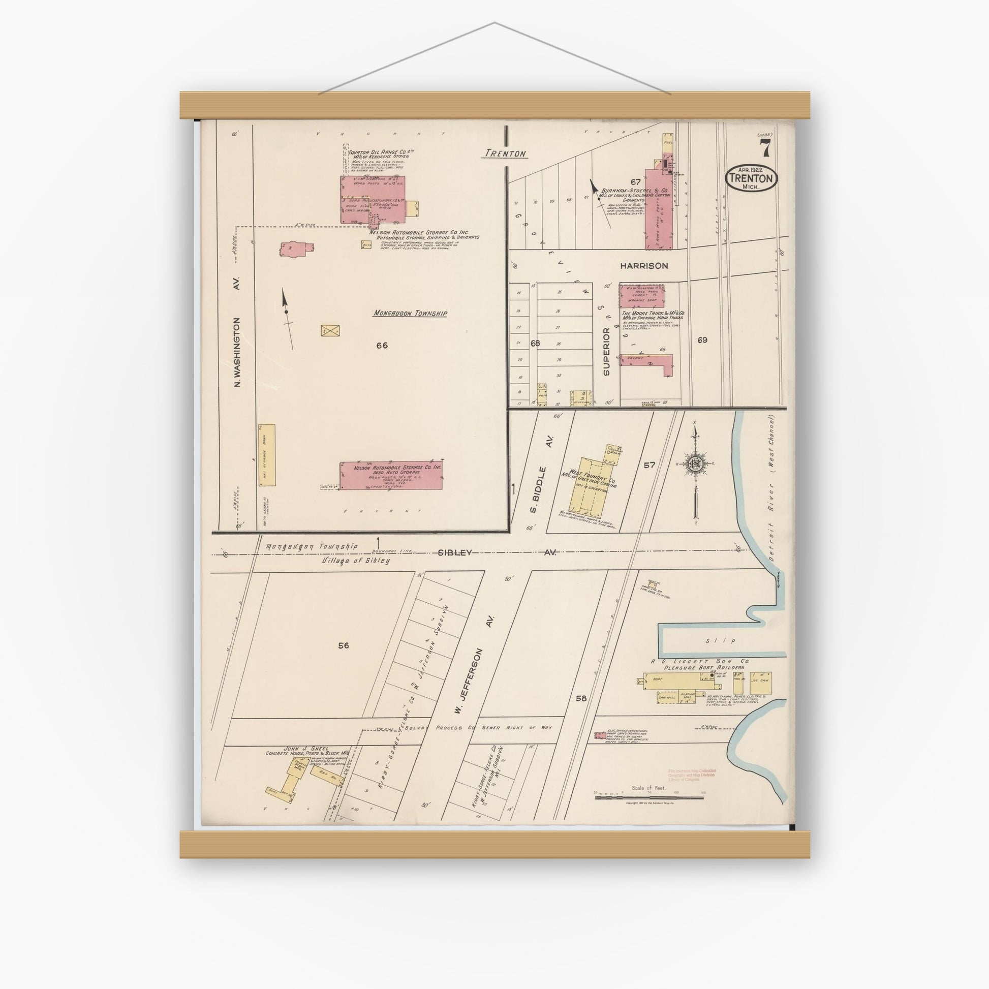 Old map wall art mockup — magnetic wood frame on white wall — Sanborn Fire Insurance Map from Trenton, Wayne County, Michigan (1922), Sheet #0007