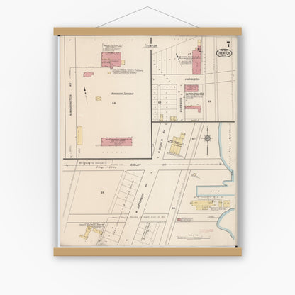 Old map wall art mockup — magnetic wood frame on white wall — Sanborn Fire Insurance Map from Trenton, Wayne County, Michigan (1922), Sheet #0007