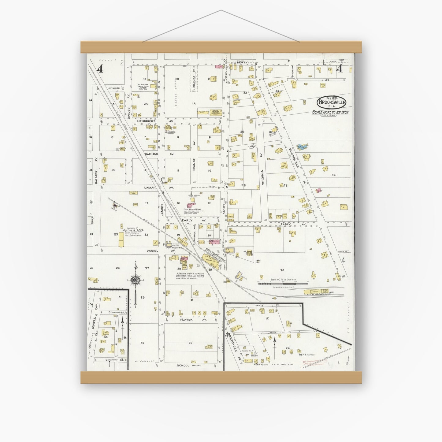 Old map wall art mockup — magnetic wood frame on white wall — Sanborn Fire Insurance Map from Brooksville, Hernando County, Florida (1924), Sheet #0004