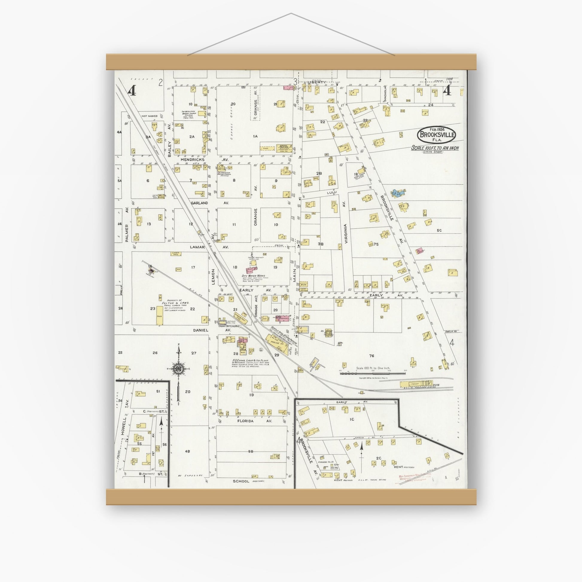 Old map wall art mockup — magnetic wood frame on white wall — Sanborn Fire Insurance Map from Brooksville, Hernando County, Florida (1924), Sheet #0004