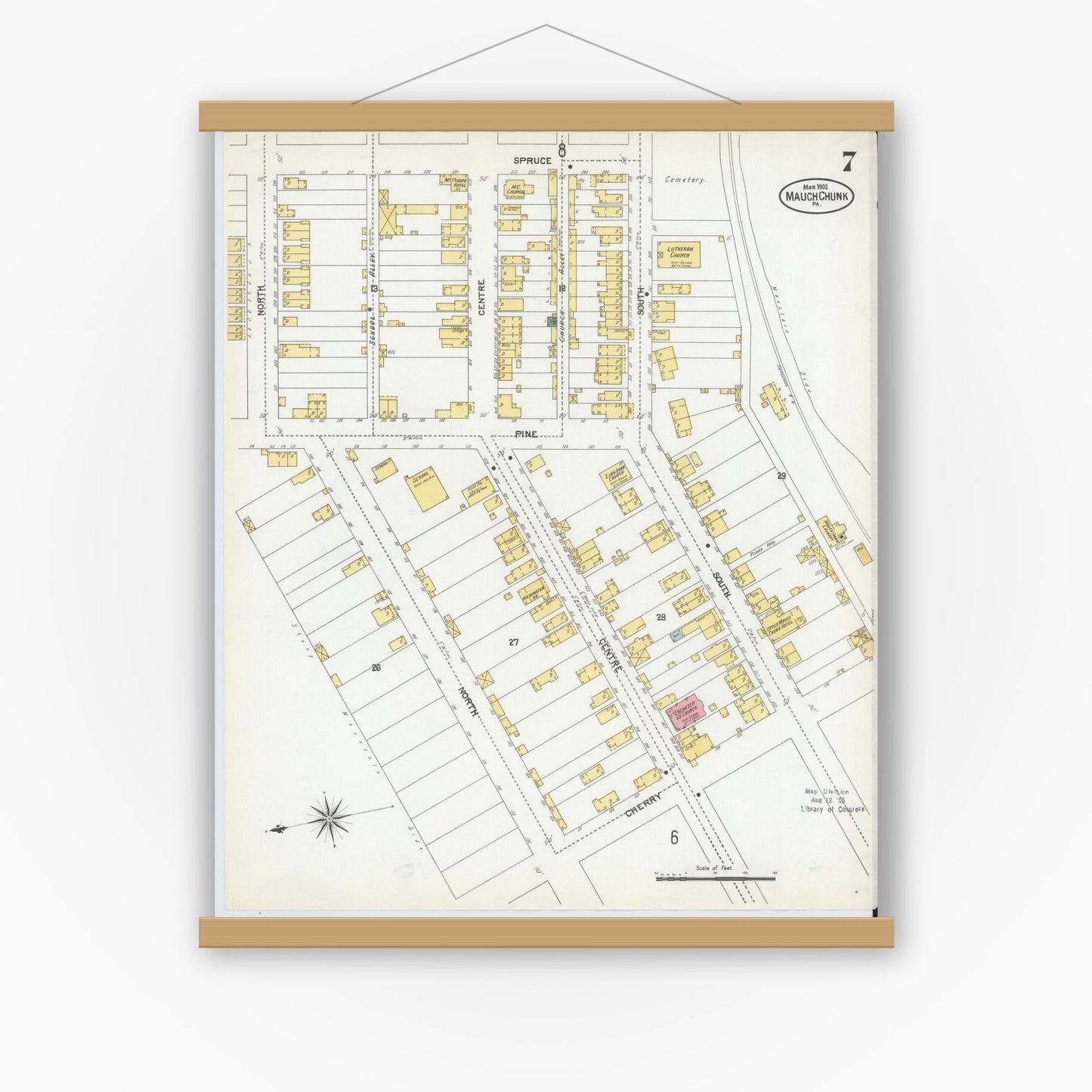 Old map wall art mockup — magnetic wood frame on white wall — Sanborn Fire Insurance Map from Mauch Chunk, Carbon County, Pennsylvania (1902), Sheet #0007