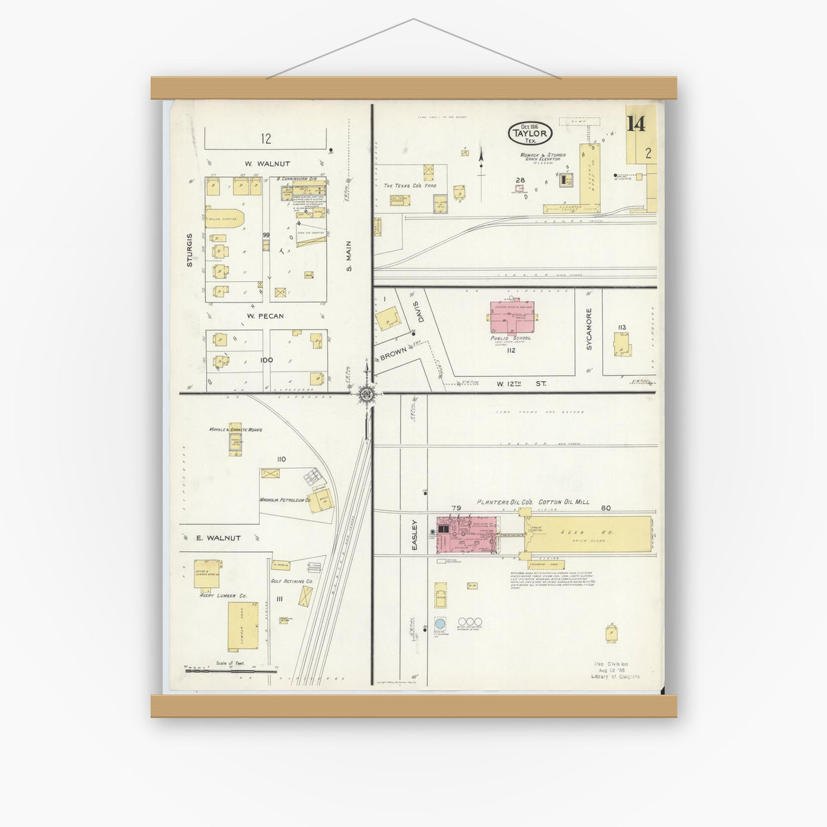 Old map wall art mockup — magnetic wood frame on white wall — Sanborn Fire Insurance Map from Taylor, Williamson County, Texas (1916), Sheet #0014