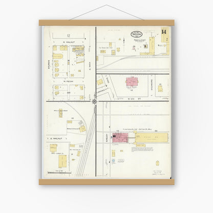 Old map wall art mockup — magnetic wood frame on white wall — Sanborn Fire Insurance Map from Taylor, Williamson County, Texas (1916), Sheet #0014