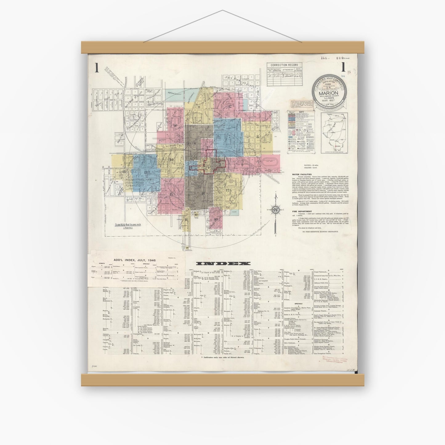 Old map wall art mockup — magnetic wood frame on white wall — Sanborn Fire Insurance Map from Marion, Williamson County, Illinois (1946) - Complete Map Set