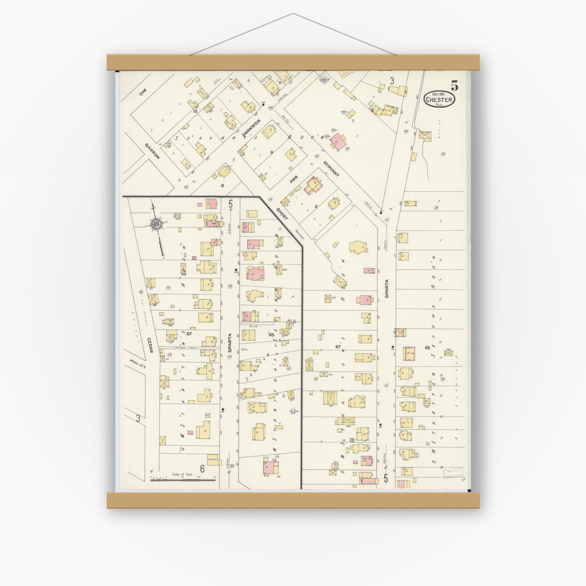 Old map wall art mockup — magnetic wood frame on white wall — Sanborn Fire Insurance Map from Chester, Randolph County, Illinois (1911), Sheet #0005