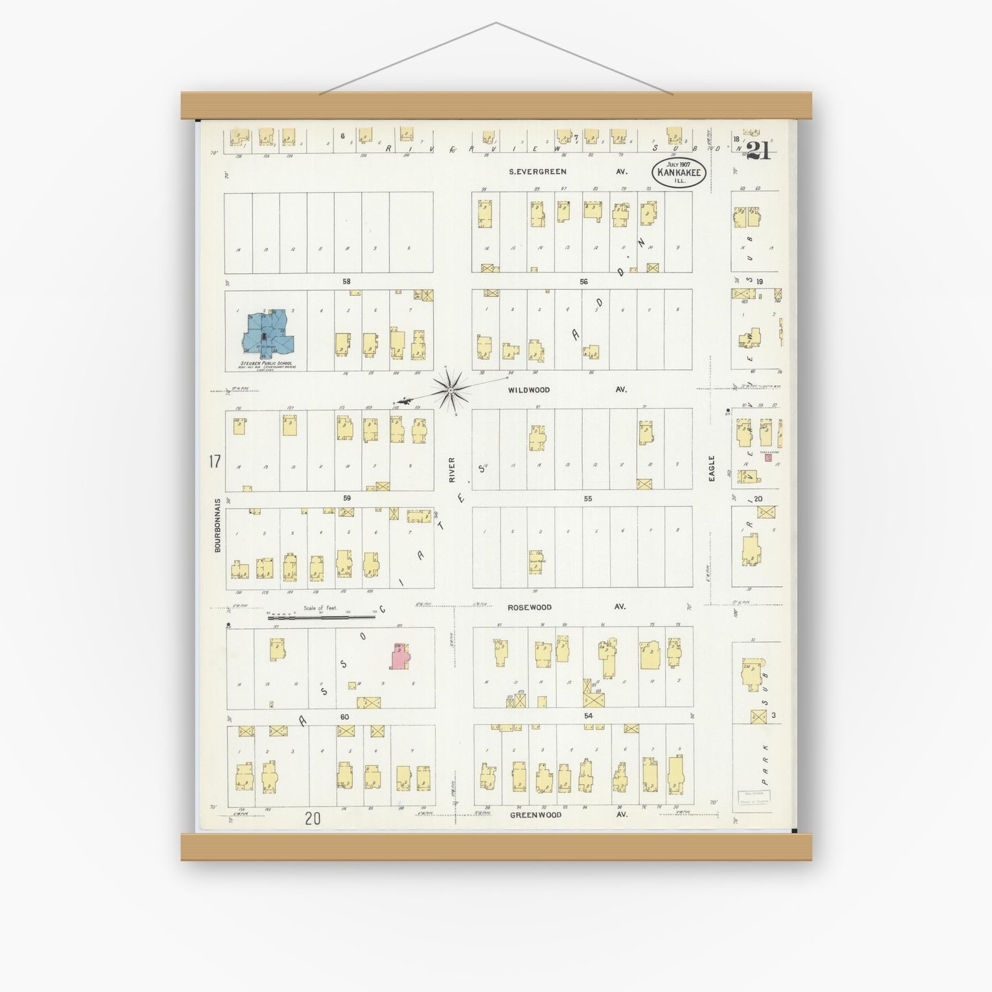 Old map wall art mockup — magnetic wood frame on white wall — Sanborn Fire Insurance Map from Kankakee, Kankakee County, Illinois (1907), Sheet #0021