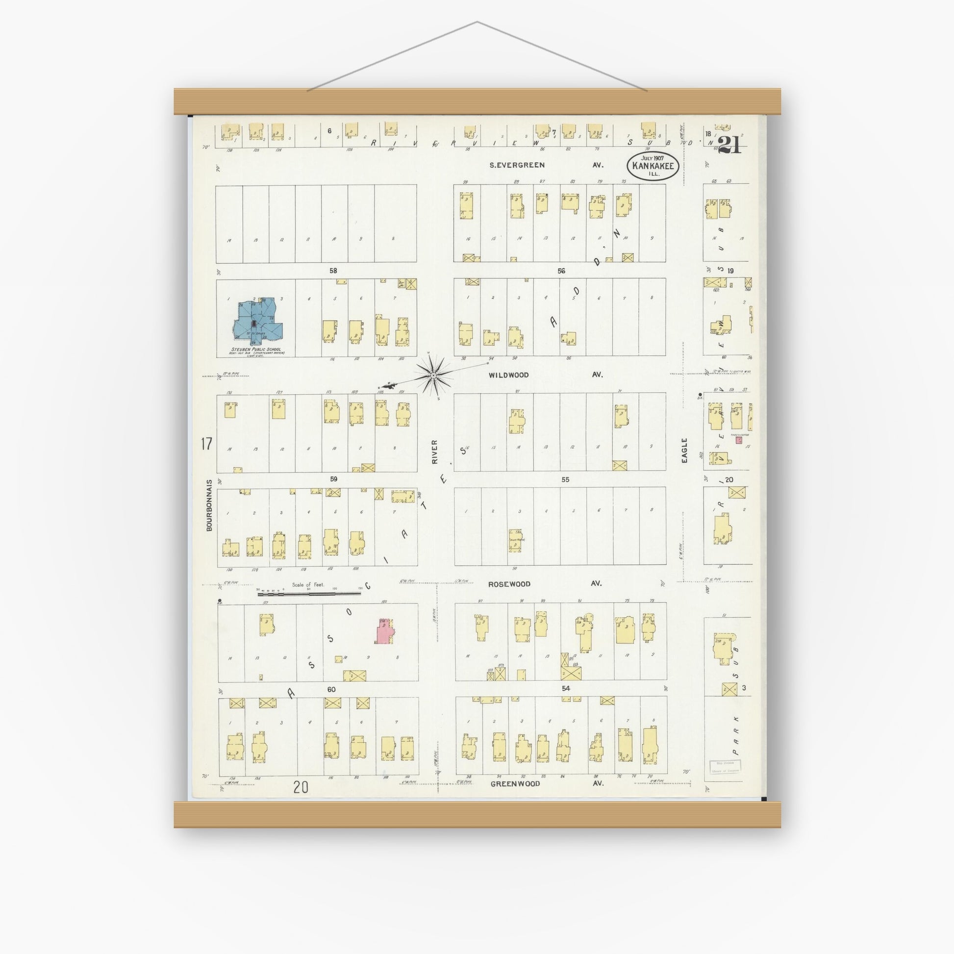 Old map wall art mockup — magnetic wood frame on white wall — Sanborn Fire Insurance Map from Kankakee, Kankakee County, Illinois (1907), Sheet #0021