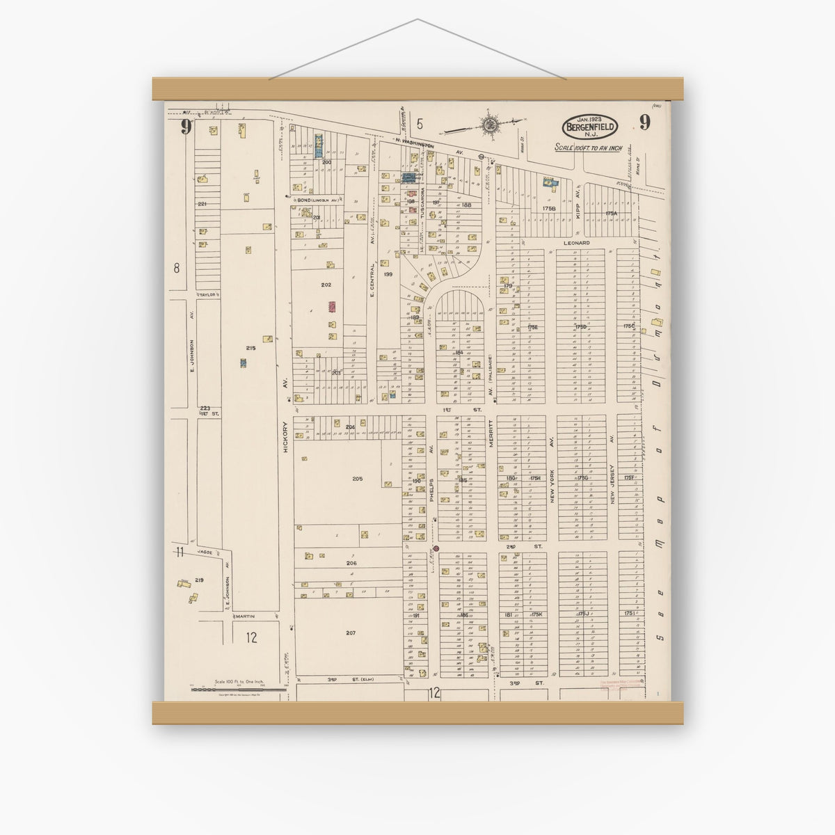 Old map wall art mockup — magnetic wood frame on white wall — Sanborn Fire Insurance Map from Bergenfield, Bergen County, New Jersey (1923), Sheet #0009