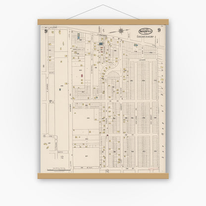 Old map wall art mockup — magnetic wood frame on white wall — Sanborn Fire Insurance Map from Bergenfield, Bergen County, New Jersey (1923), Sheet #0009