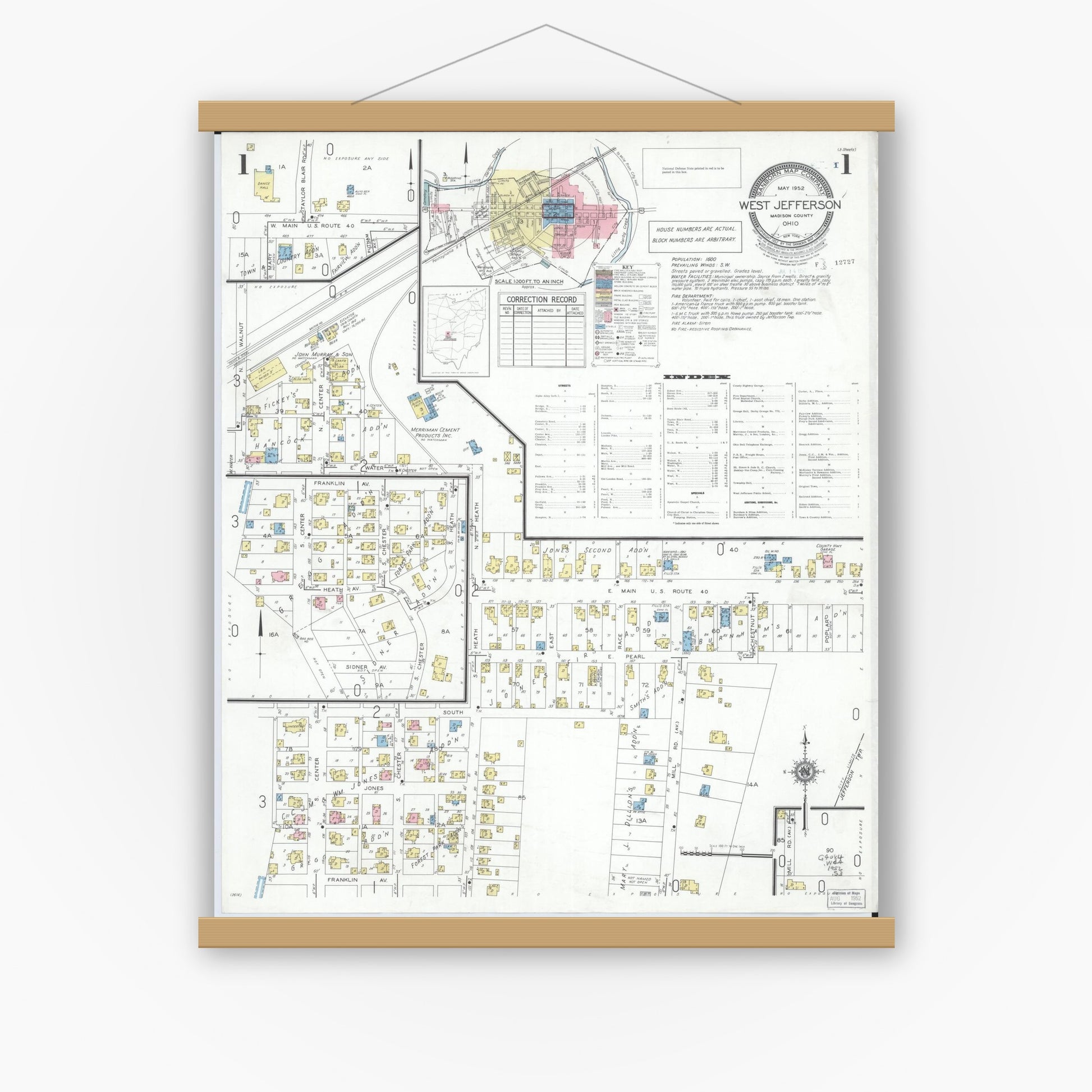 Old map wall art mockup — magnetic wood frame on white wall — Sanborn Fire Insurance Map from West Jefferson, Madison County, Ohio (1952) - Complete Map Set