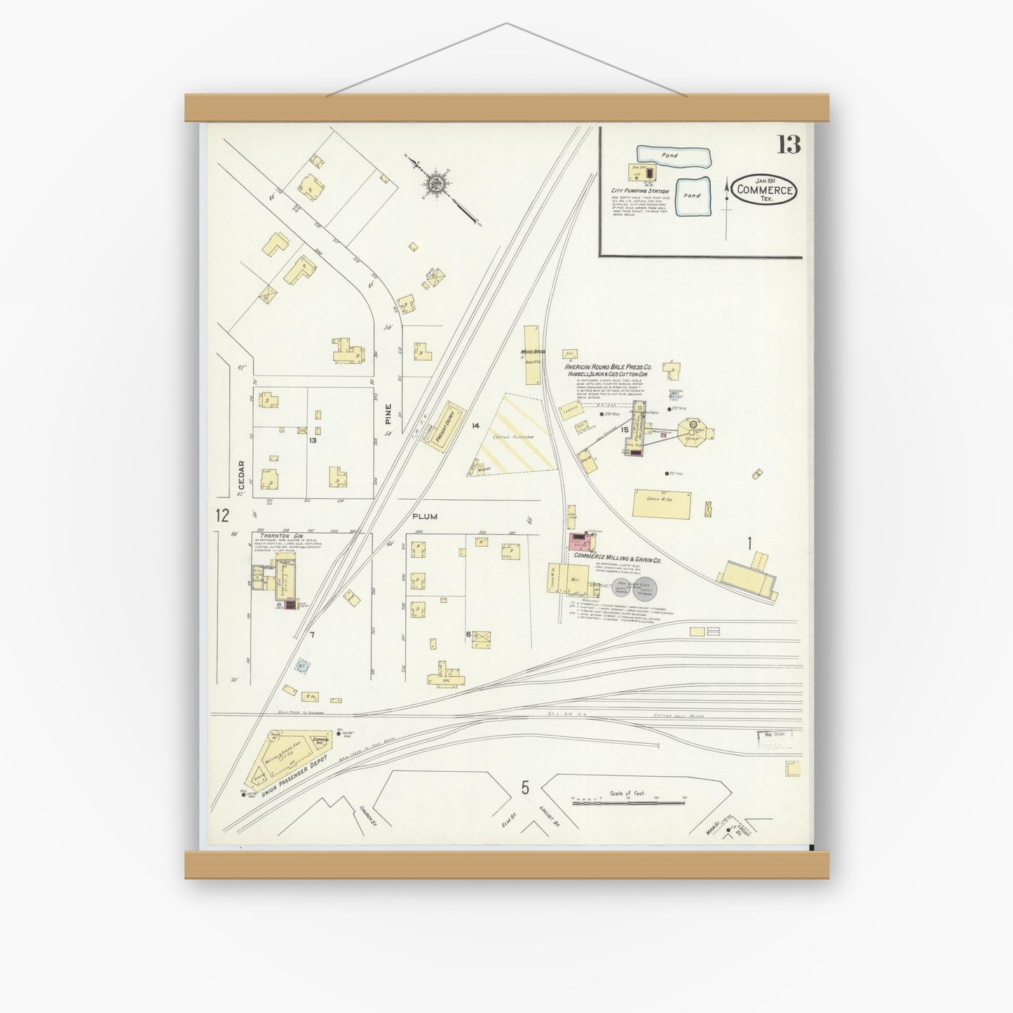Old map wall art mockup — magnetic wood frame on white wall — Sanborn Fire Insurance Map from Commerce, Hunt County, Texas (1911), Sheet #0013