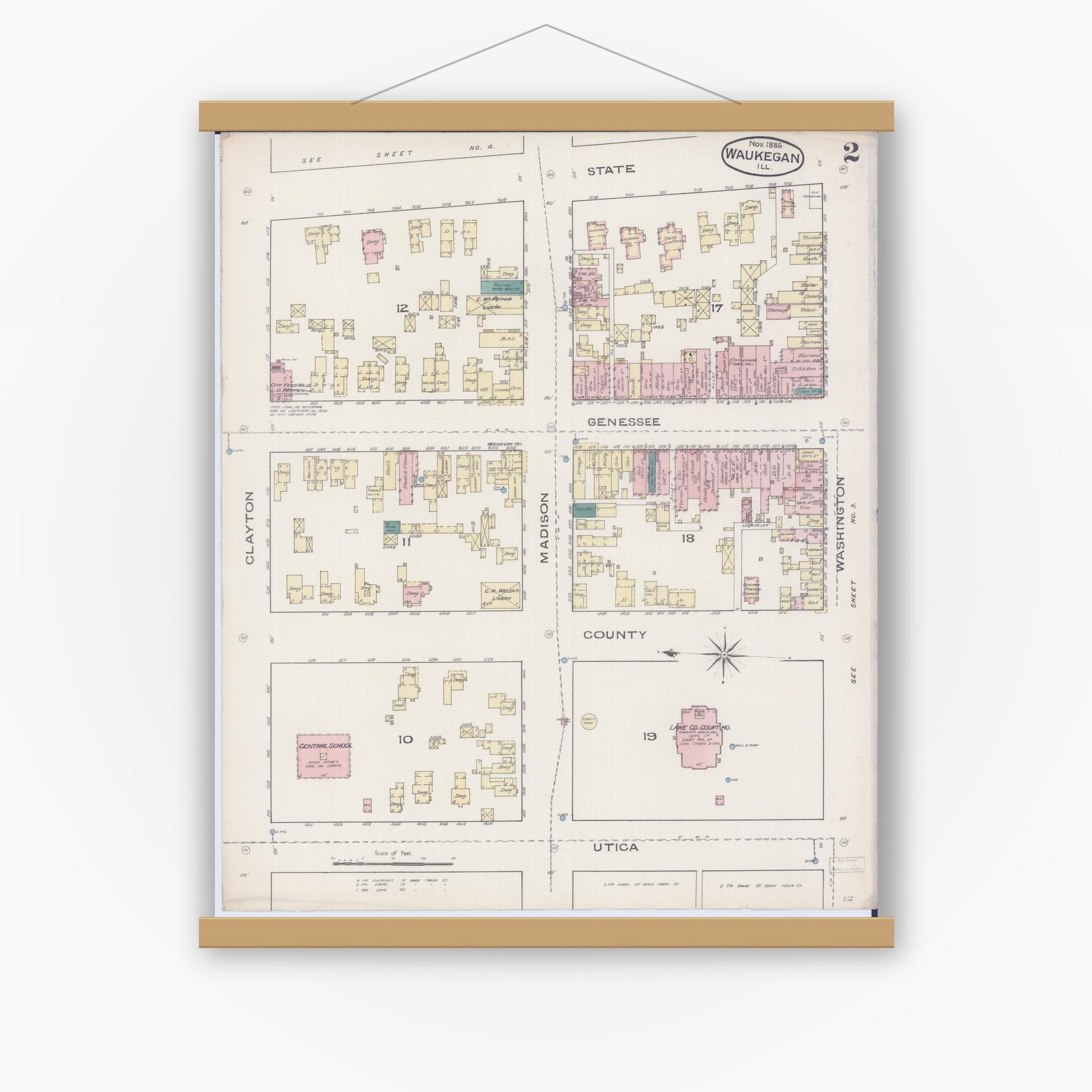 Old map wall art mockup — magnetic wood frame on white wall — Sanborn Fire Insurance Map from Waukegan, Lake County, Illinois (1885), Sheet #0002