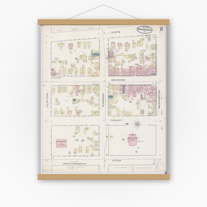Old map wall art mockup — magnetic wood frame on white wall — Sanborn Fire Insurance Map from Waukegan, Lake County, Illinois (1885), Sheet #0002