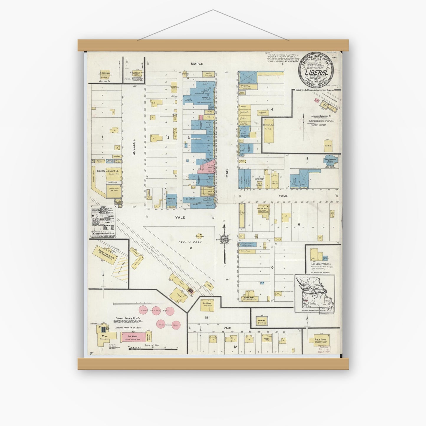 Old map wall art mockup — magnetic wood frame on white wall — Sanborn Fire Insurance Map from Liberal, Barton County, Missouri (1914), Sheet #0001