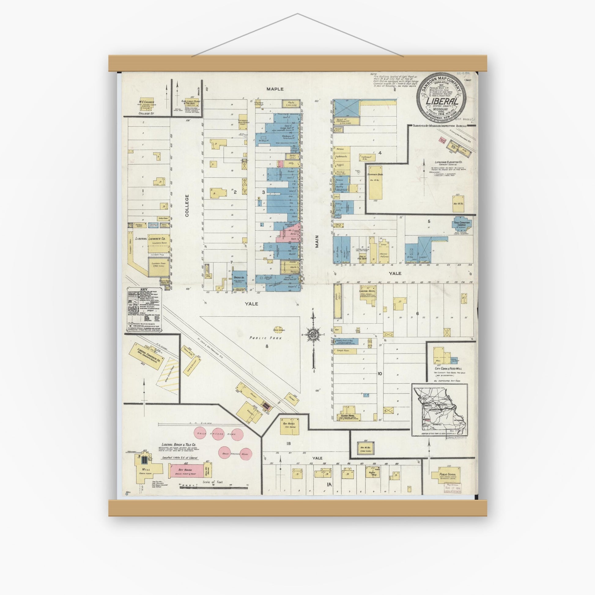 Old map wall art mockup — magnetic wood frame on white wall — Sanborn Fire Insurance Map from Liberal, Barton County, Missouri (1914), Sheet #0001