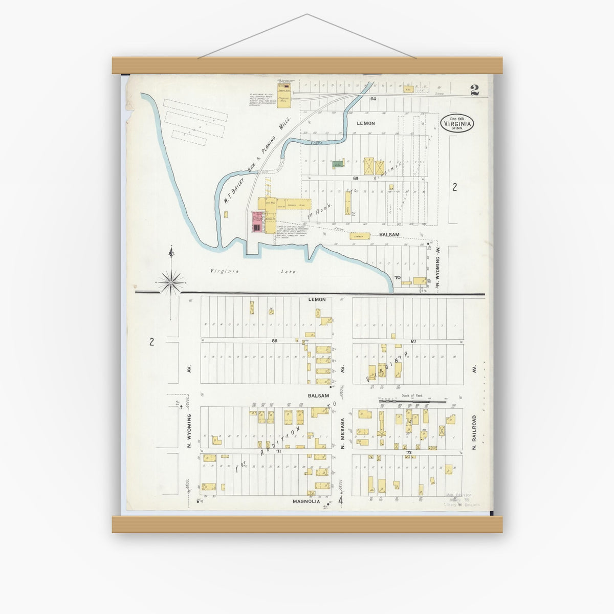Old map wall art mockup — magnetic wood frame on white wall — Sanborn Fire Insurance Map from Virginia, Saint Louis County, Minnesota (1908), Sheet #0002