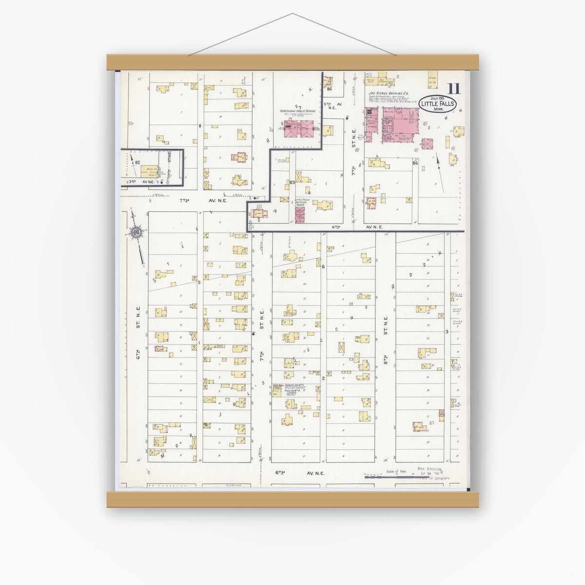 Old map wall art mockup — magnetic wood frame on white wall — Sanborn Fire Insurance Map from Little Falls, Morrison County, Minnesota (1915), Sheet #0011