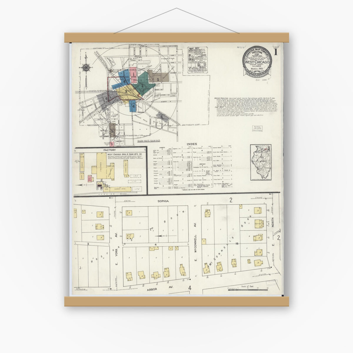 Old map wall art mockup — magnetic wood frame on white wall — Sanborn Fire Insurance Map from West Chicago, Du Page County, Illinois (1923) - Complete Map Set