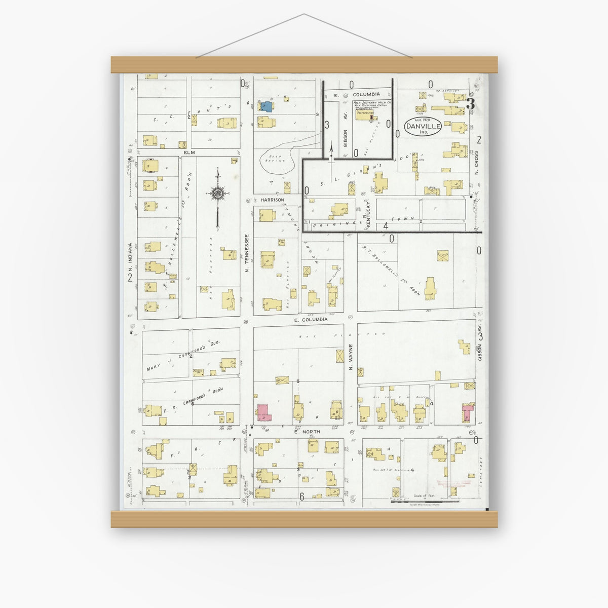 Old map wall art mockup — magnetic wood frame on white wall — Sanborn Fire Insurance Map from Danville, Hendricks County, Indiana (1920), Sheet #0003