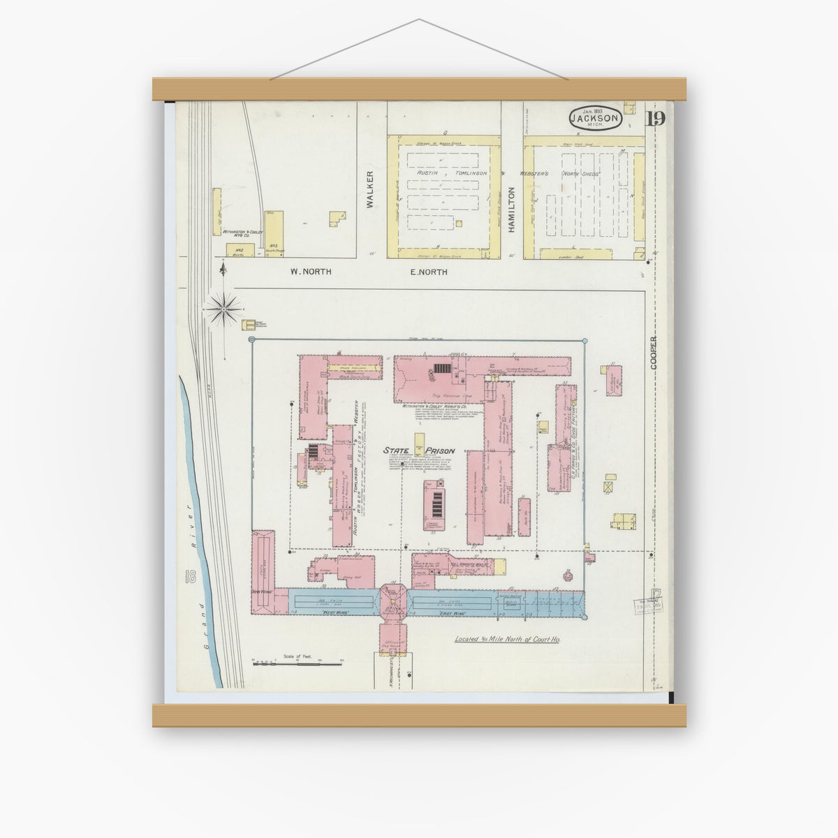 Old map wall art mockup — magnetic wood frame on white wall — Sanborn Fire Insurance Map from Jackson, Jackson County, Michigan (1893), Sheet #0019