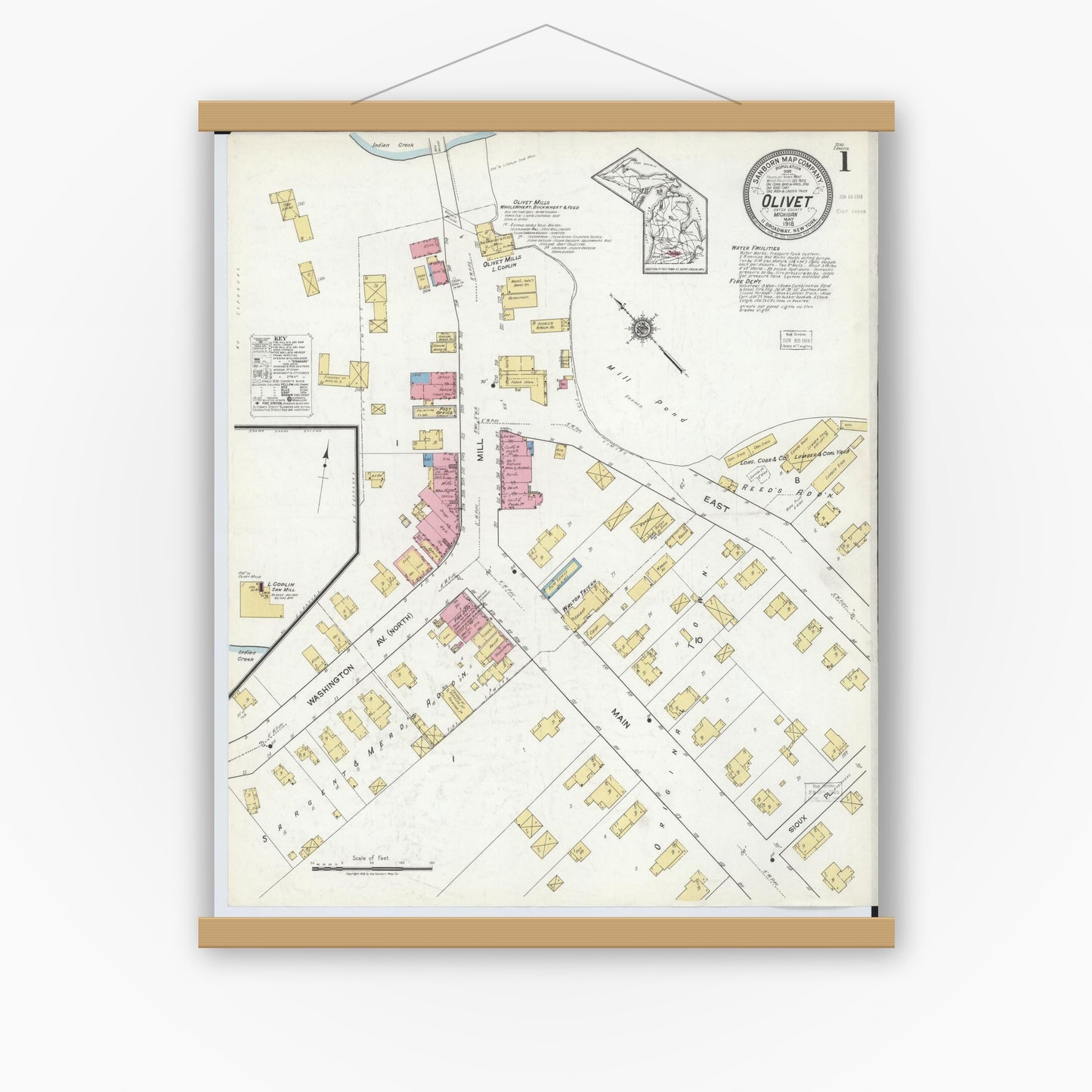 Old map wall art mockup — magnetic wood frame on white wall — Sanborn Fire Insurance Map from Olivet, Eaton County, Michigan (1918) - Complete Map Set