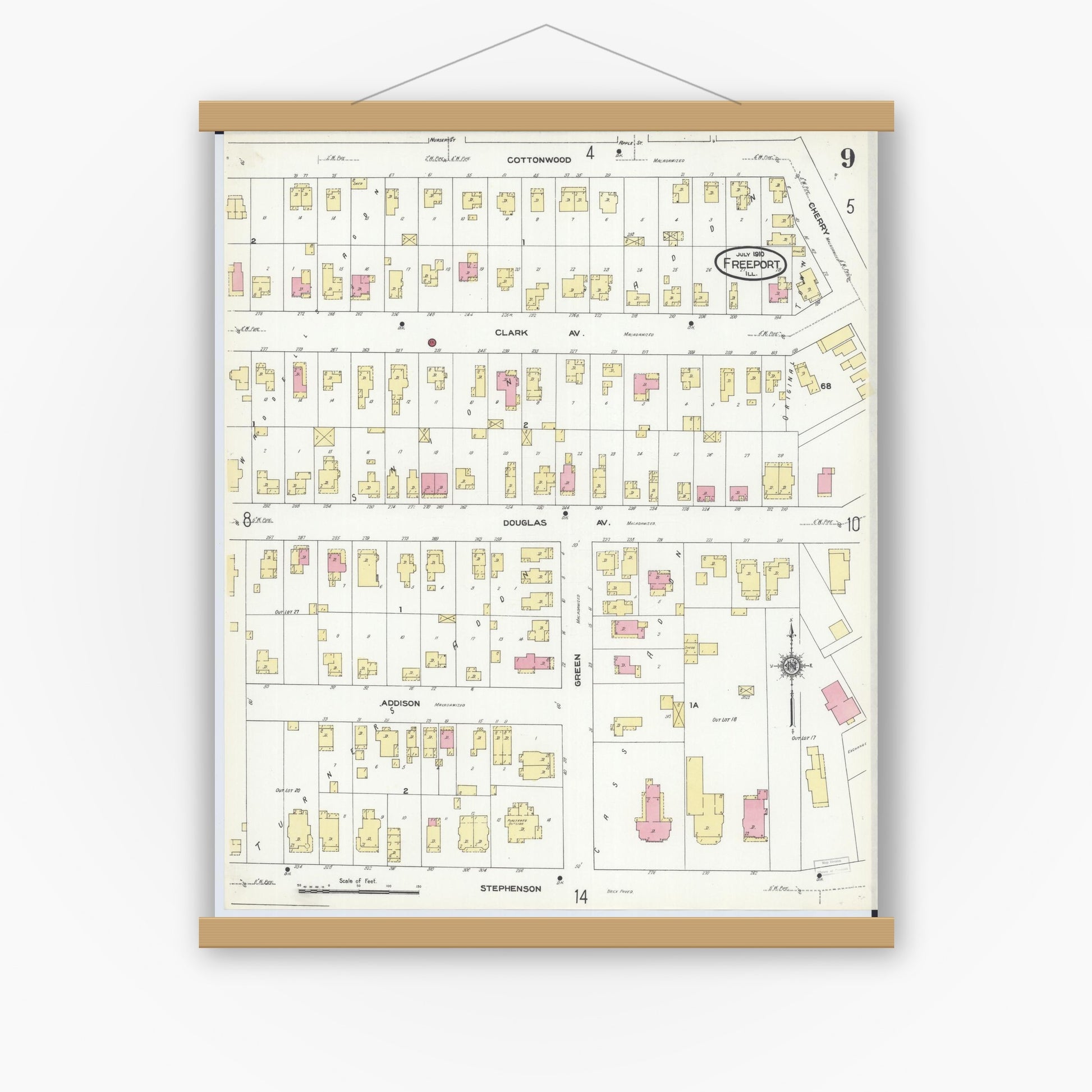 Old map wall art mockup — magnetic wood frame on white wall — Sanborn Fire Insurance Map from Freeport, Stephenson County, Illinois (1910), Sheet #0009