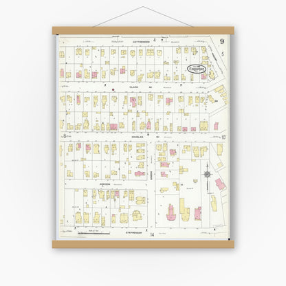 Old map wall art mockup — magnetic wood frame on white wall — Sanborn Fire Insurance Map from Freeport, Stephenson County, Illinois (1910), Sheet #0009