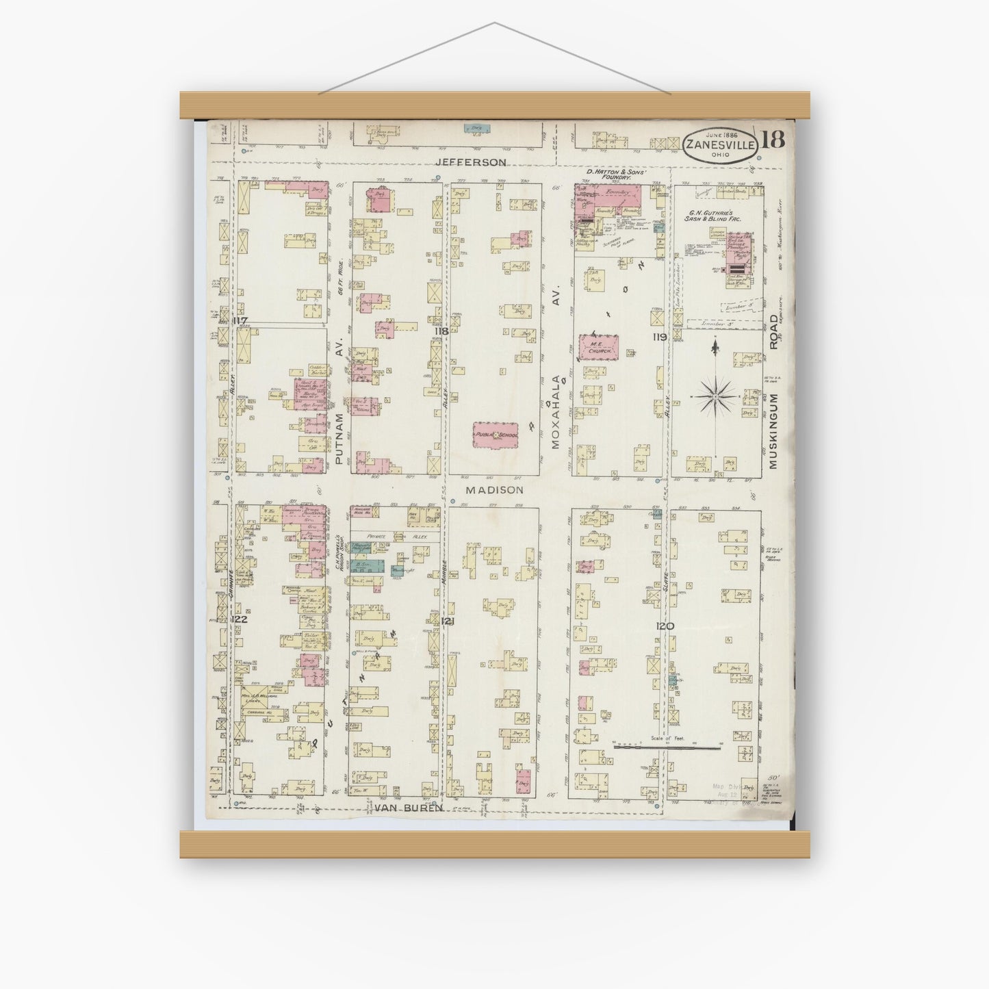 Old map wall art mockup — magnetic wood frame on white wall — Sanborn Fire Insurance Map from Zanesville, Muskingum County, Ohio (1886), Sheet #0018