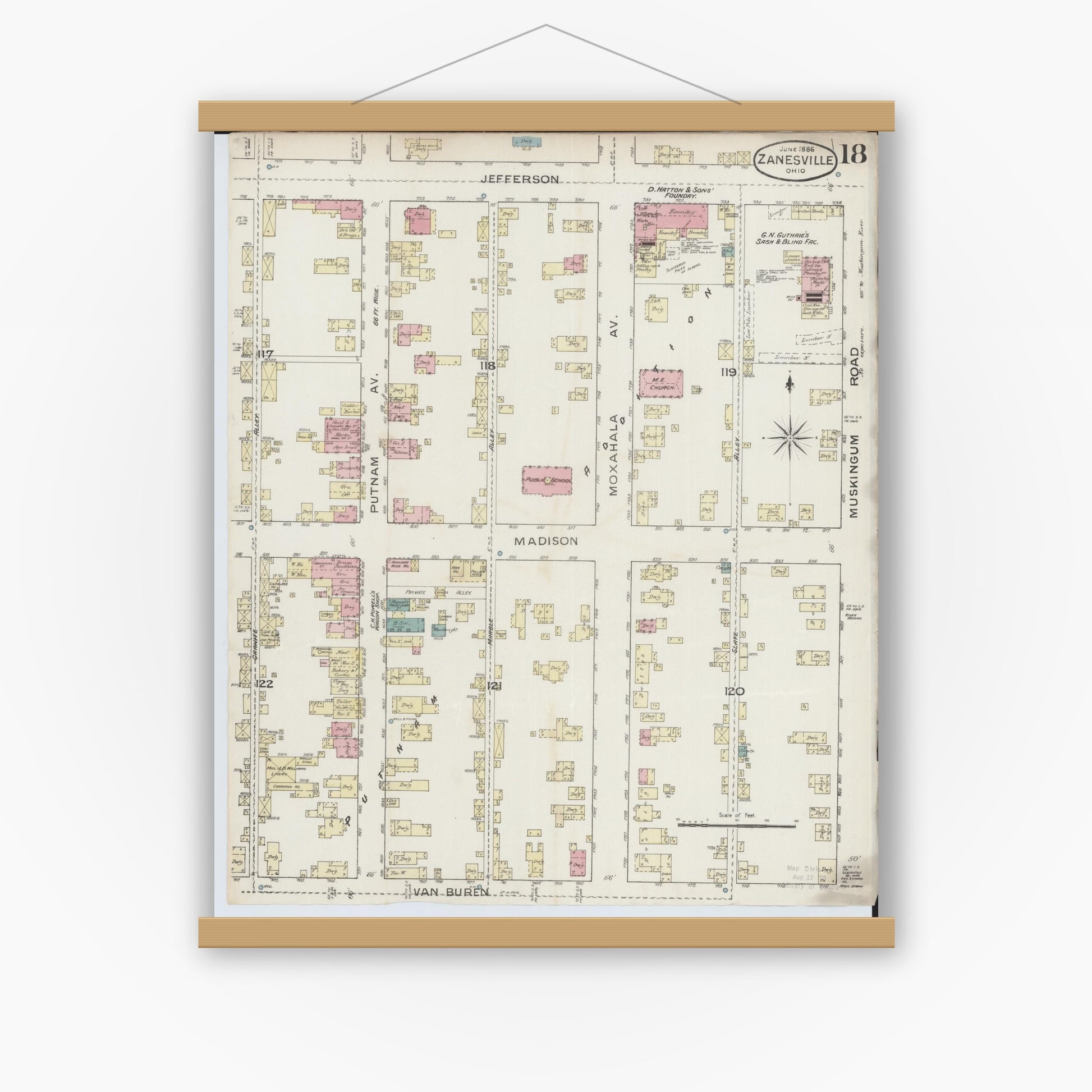 Old map wall art mockup — magnetic wood frame on white wall — Sanborn Fire Insurance Map from Zanesville, Muskingum County, Ohio (1886), Sheet #0018