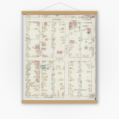 Old map wall art mockup — magnetic wood frame on white wall — Sanborn Fire Insurance Map from Zanesville, Muskingum County, Ohio (1886), Sheet #0018