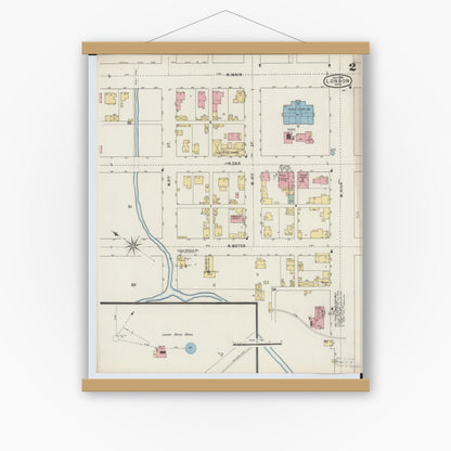 Old map wall art mockup — magnetic wood frame on white wall — Sanborn Fire Insurance Map from London, Madison County, Ohio (1895), Sheet #0002