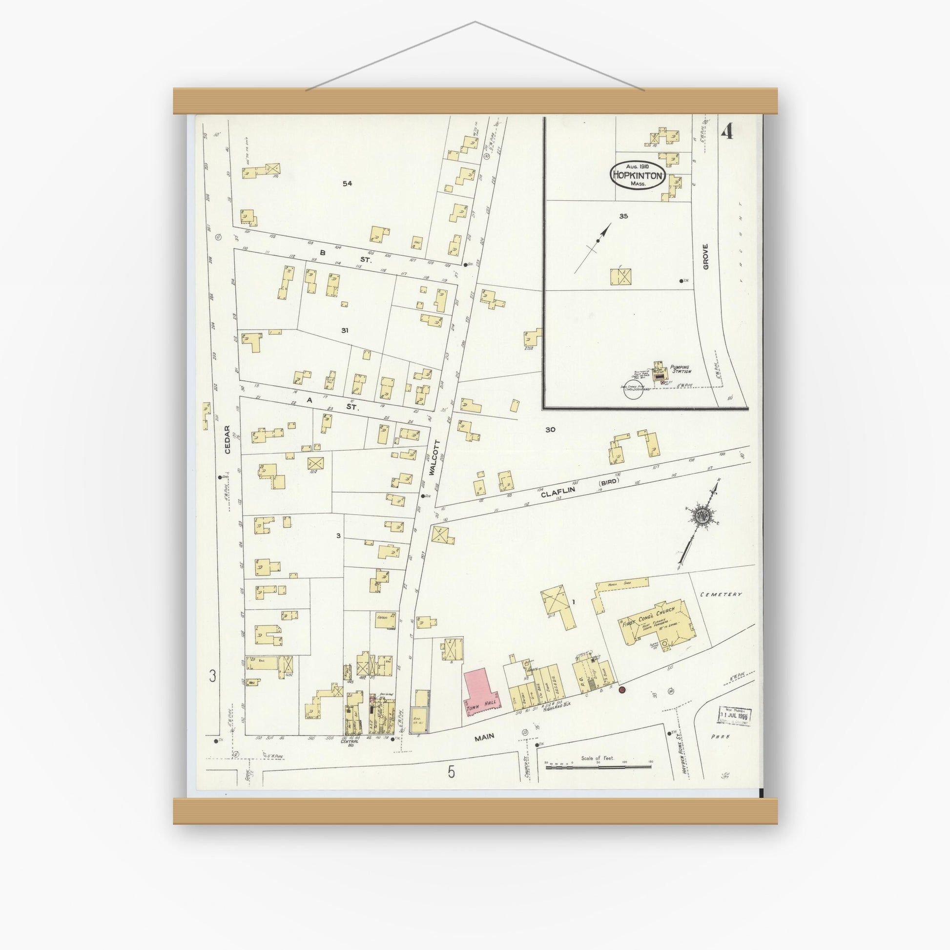 Old map wall art mockup — magnetic wood frame on white wall — Sanborn Fire Insurance Map from Hopkinton, Middlesex County, Massachusetts (1910), Sheet #0004