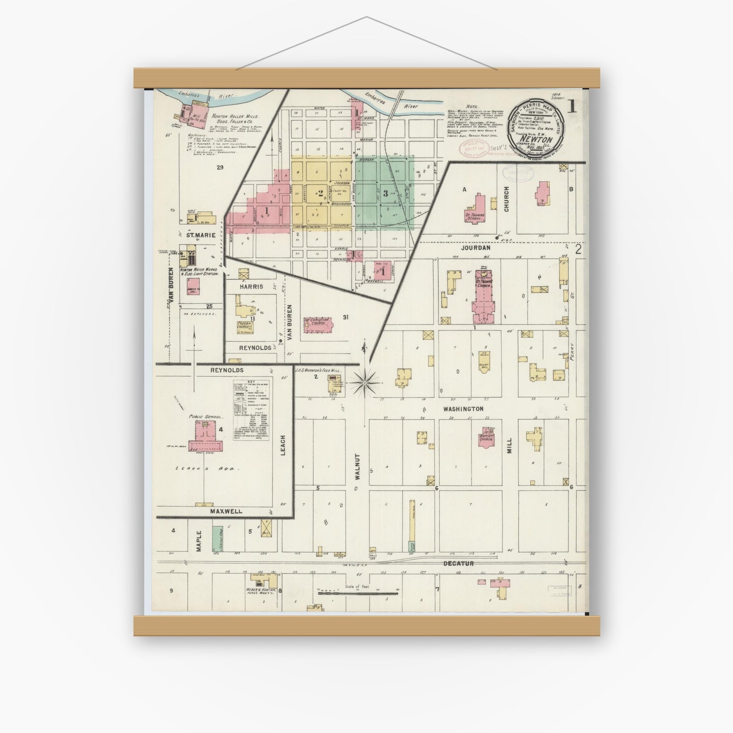 Old map wall art mockup — magnetic wood frame on white wall — Sanborn Fire Insurance Map from Newton, Jasper County, Illinois (1897) - Complete Map Set