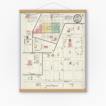 Old map wall art mockup — magnetic wood frame on white wall — Sanborn Fire Insurance Map from Newton, Jasper County, Illinois (1897) - Complete Map Set