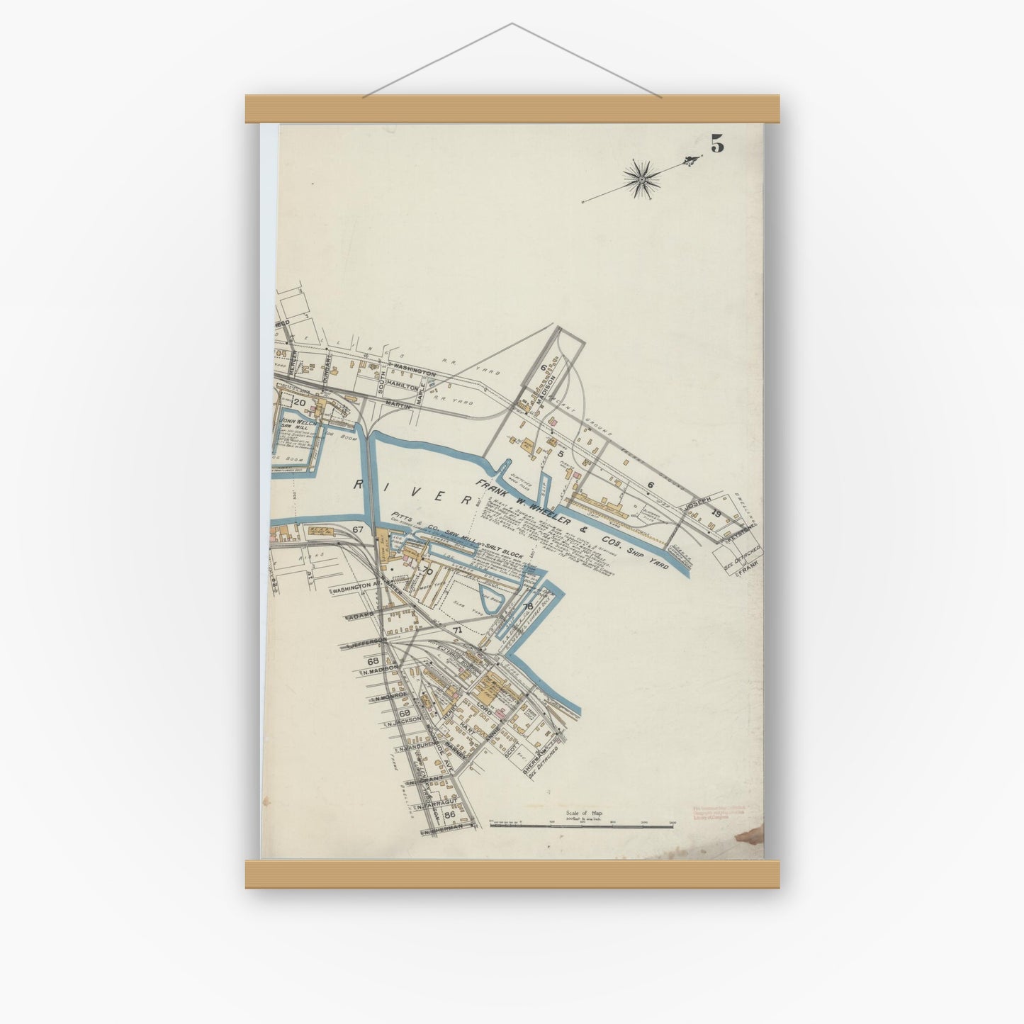 Old map wall art mockup — magnetic wood frame on white wall — Sanborn Fire Insurance Map from Bay City, Bay County, Michigan (1895), Sheet #0005