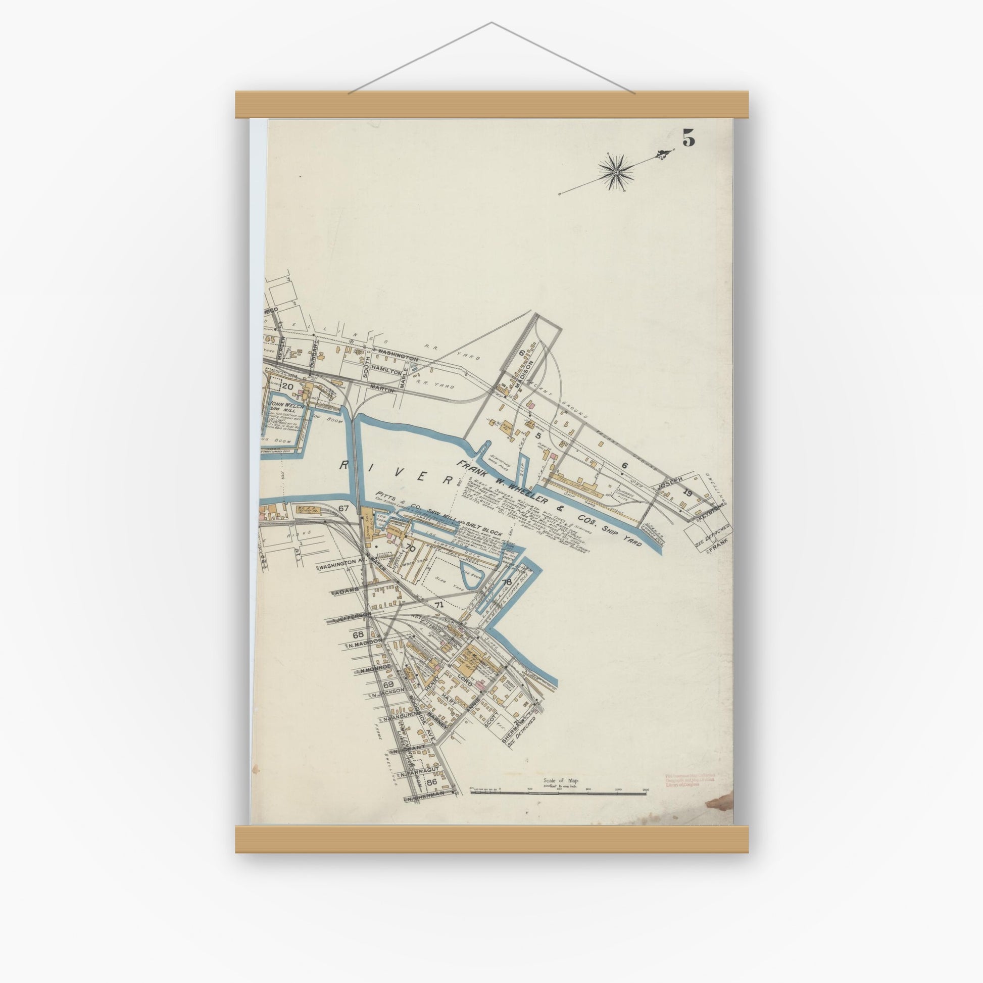Old map wall art mockup — magnetic wood frame on white wall — Sanborn Fire Insurance Map from Bay City, Bay County, Michigan (1895), Sheet #0005