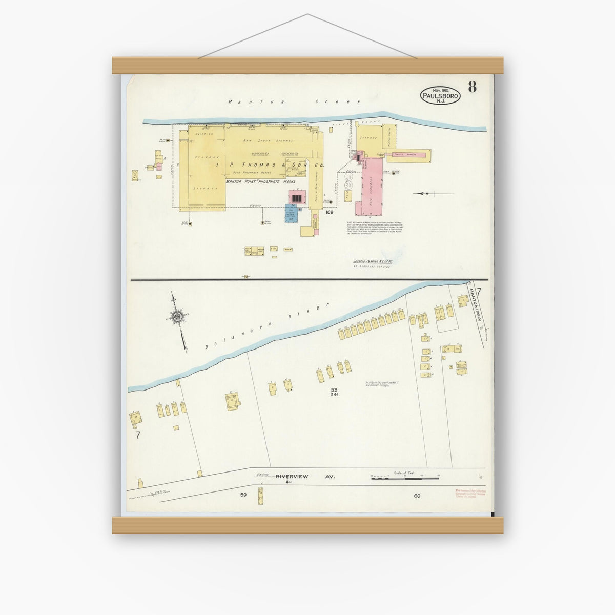 Old map wall art mockup — magnetic wood frame on white wall — Sanborn Fire Insurance Map from Paulsboro, Gloucester County, New Jersey (1915), Sheet #0008